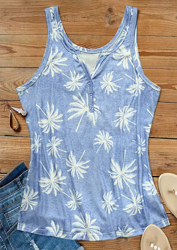 Coconut Tree Button Notched Neck Tank - Light Blue