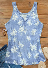 Coconut Tree Button Notched Neck Tank - Light Blue