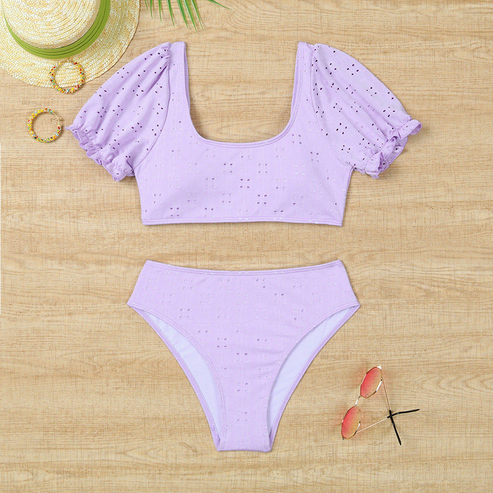 Multicolor Split Short-Sleeved High Waist Swimsuit Beach Bikini Set