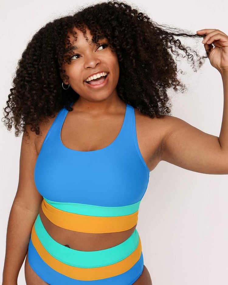 High-Waist Colorblock Marine Cut Back Crop Bikini Set