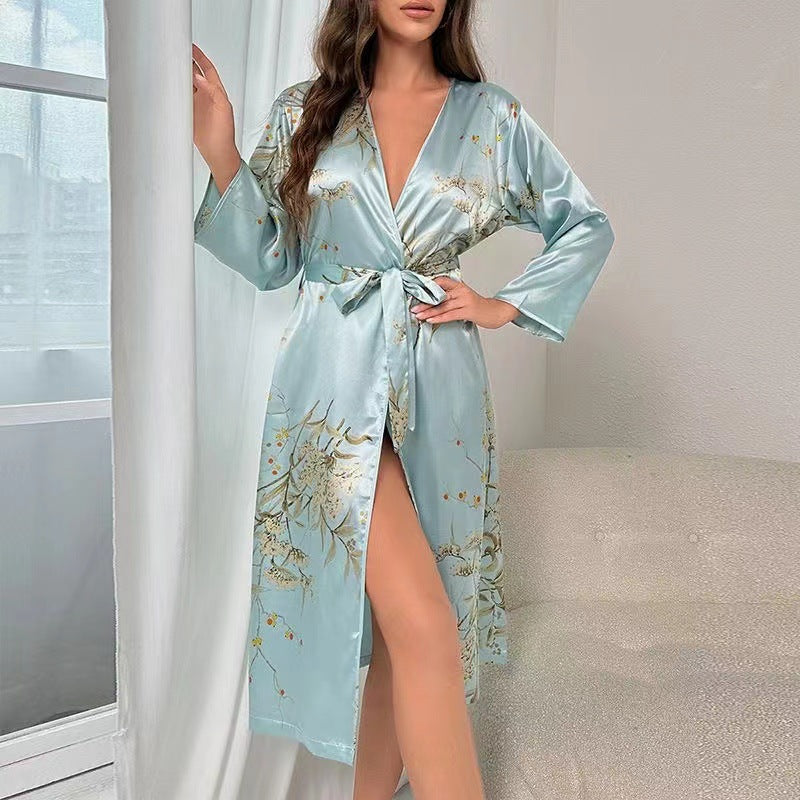 Tie-Up Bathrobe Breathable Thin Style Fashionable Cherry Print Long-Sleeved Robe