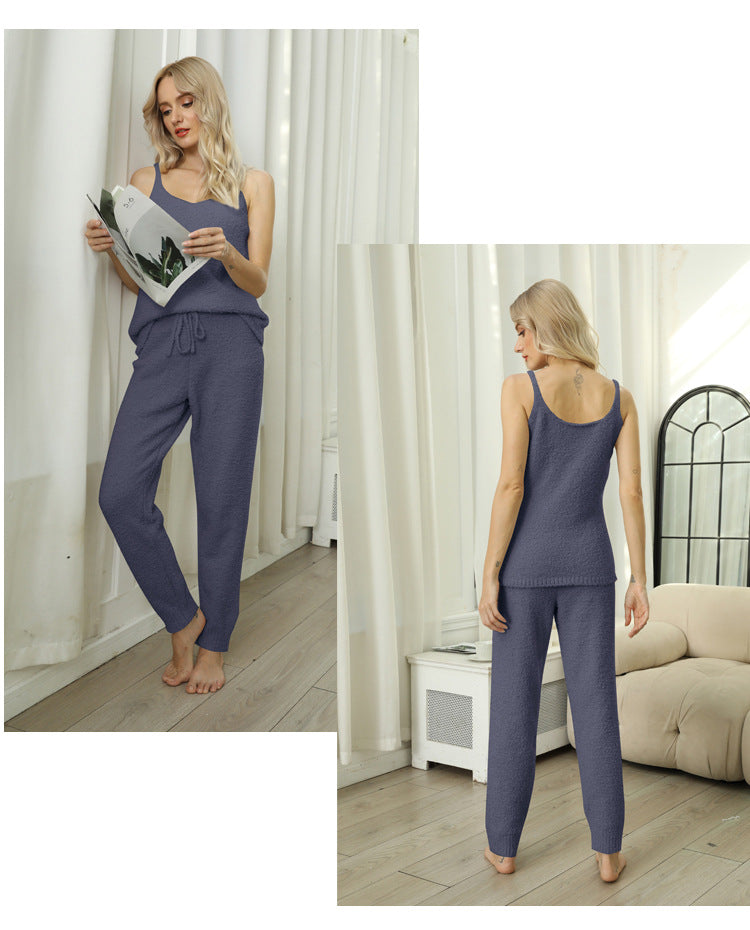 Comfortable warm solid color half fleece set home clothes pajamas set