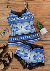 Aztec Geometric Lace Camisole And Shorts Pajamas Set