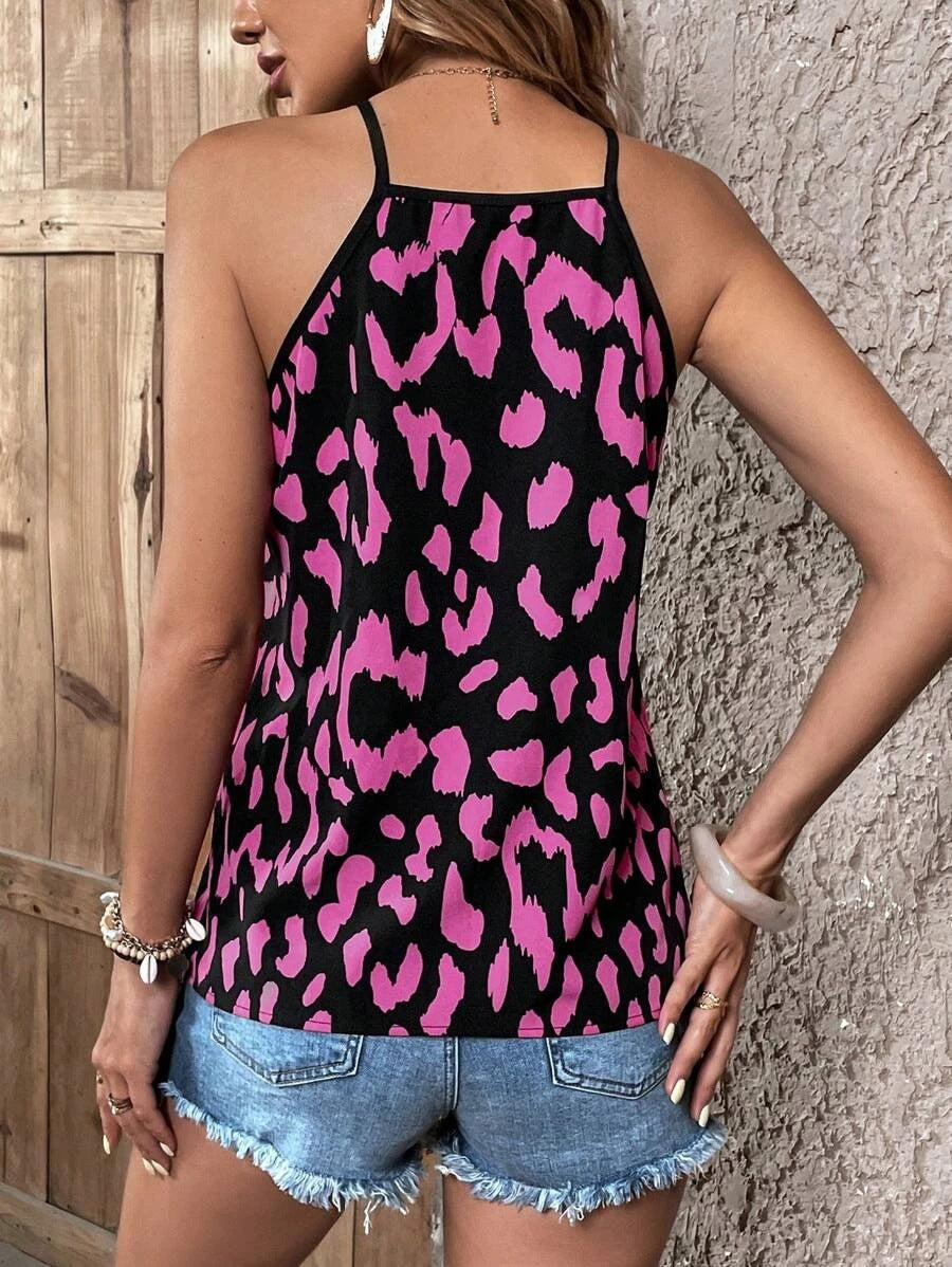 V-Neck Leopard Print Patchwork Solid Color Suspender Loose Top