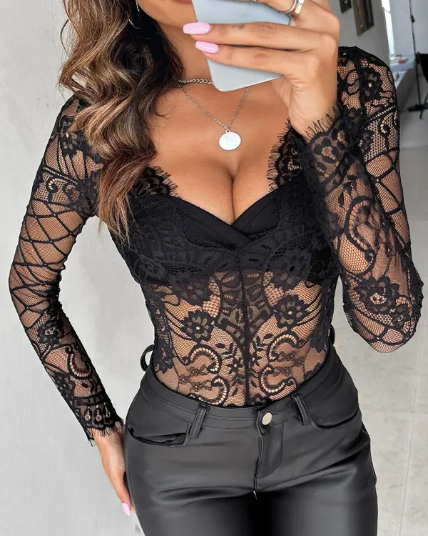 Eyelash Lace Crochet Long Sleeve Bodysuit