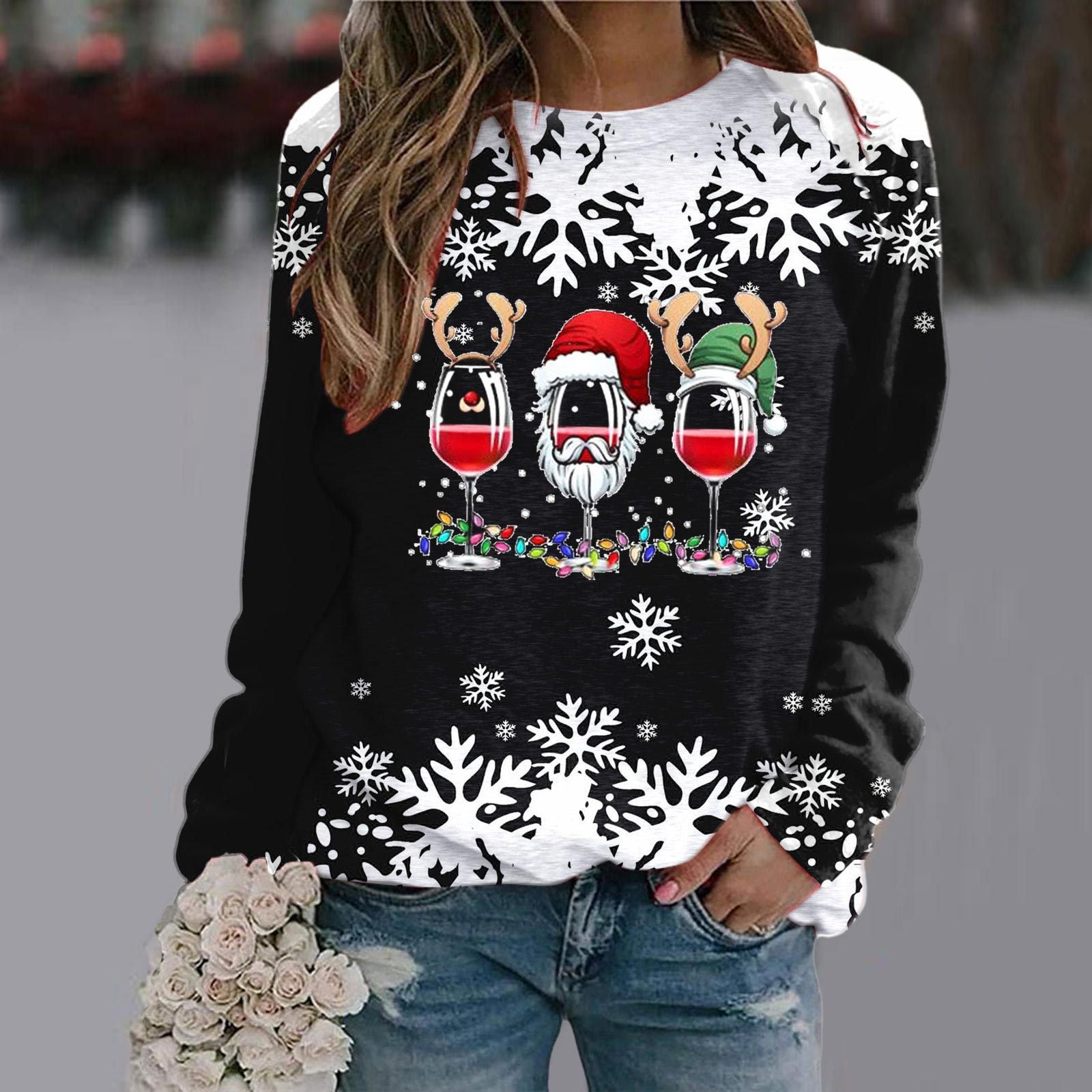 Three Red Wine Glasses Round Neck Raglan Sleeve Sweatshirt Christmas Print Long Sleeve Top