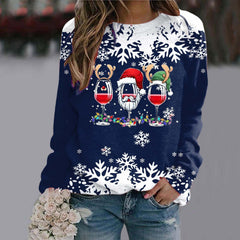 Three Red Wine Glasses Round Neck Raglan Sleeve Sweatshirt Christmas Print Long Sleeve Top