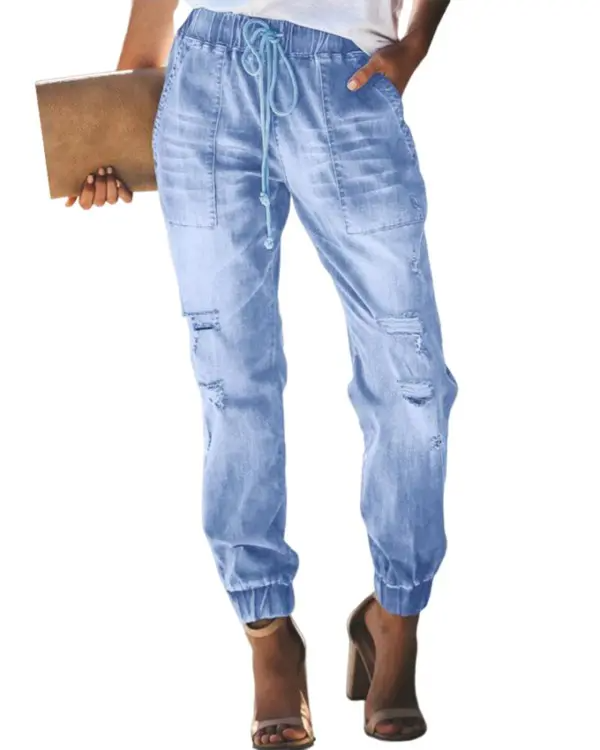 Drawstring Ripped Pocket Design Jeans