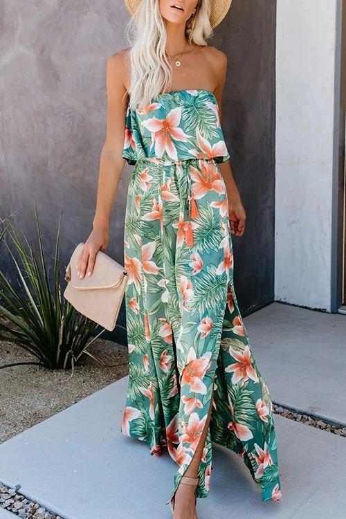 Rainforest Print Off-Shoulder Ruffle Split Dress