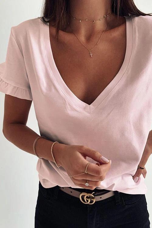 V-Neck Ruffled Short Sleeve T-Shirt