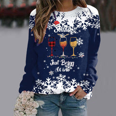 Three Red Wine Glasses Round Neck Raglan Sleeve Sweatshirt Christmas Print Long Sleeve Top