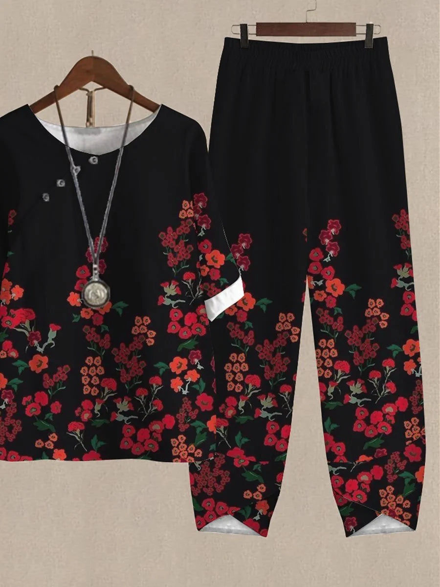 Black Floral Print Casual Two-piece Suits