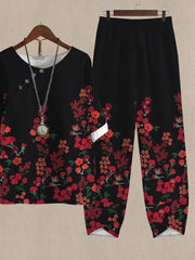 Black Floral Print Casual Two-piece Suits