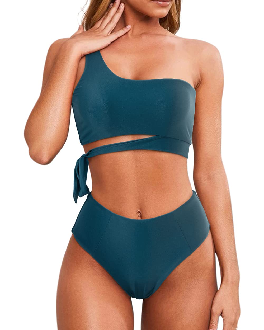 One Shoulder High Waisted Bikini Tie High Cut Two Piece Swimsuits