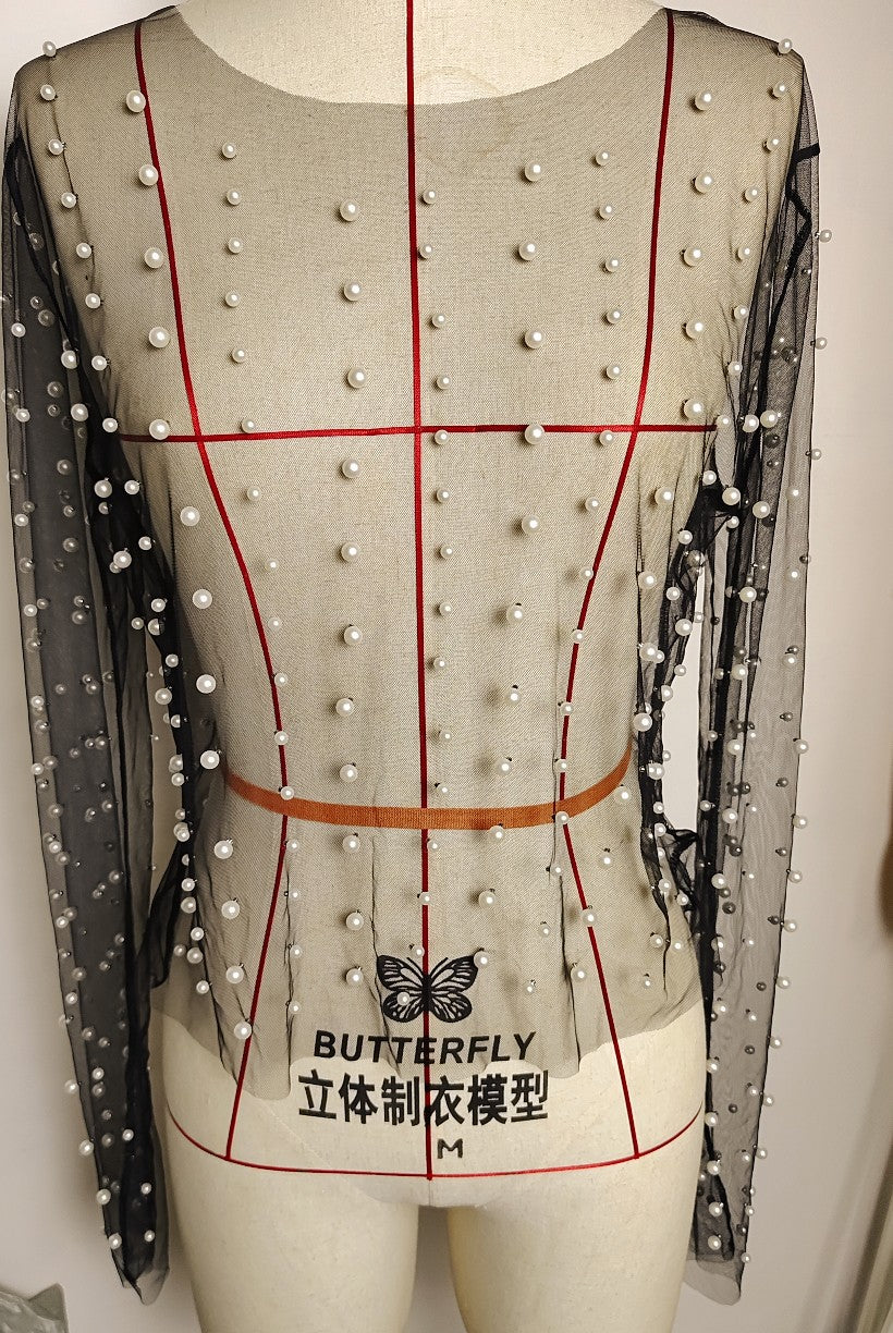 See-Through Beaded Long-Sleeved Mesh Top