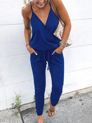 Casual Solid Color V-Neck Lace-Up Jumpsuit