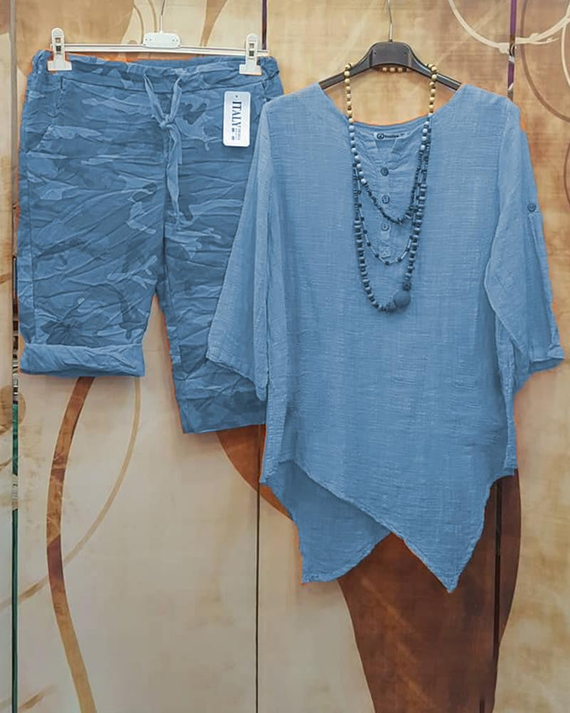 Irregular Hem Round VNeckline FivePoint Sleeve TwoPiece Suit