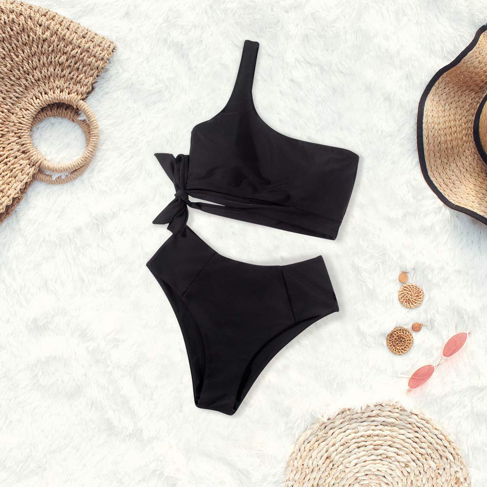 One Shoulder High Waisted Bikini Tie High Cut Two Piece Swimsuits