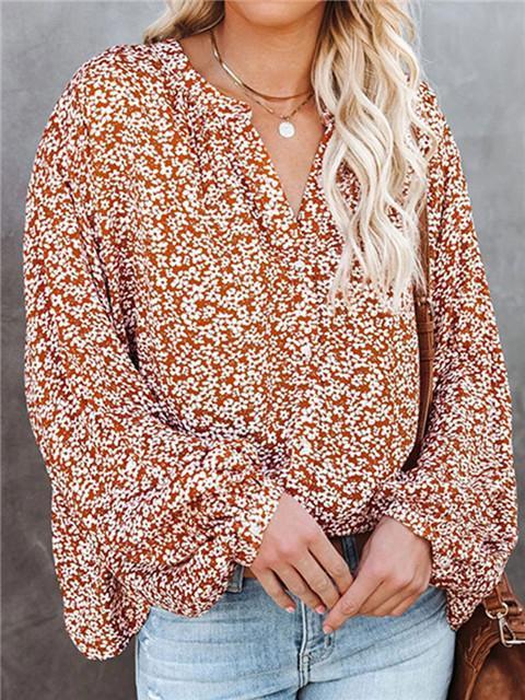 Floral Long Sleeve V-Neck Loose Casual Shirt