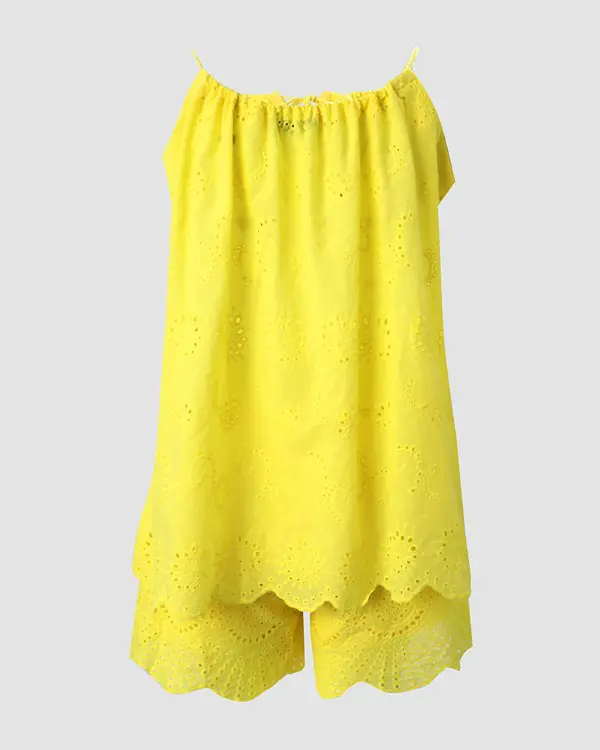 Yellow Eyelet Embroidery Tassel Top & Shorts Set