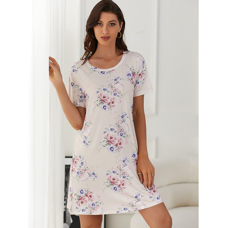 Flowers Print Short-Sleeved Loose-Fitting Home Pajamas Can Be Worn Outside
