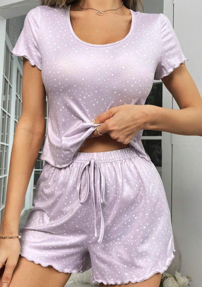 Purple Casual Printed Short-Sleeved Shorts Home Pajamas Set