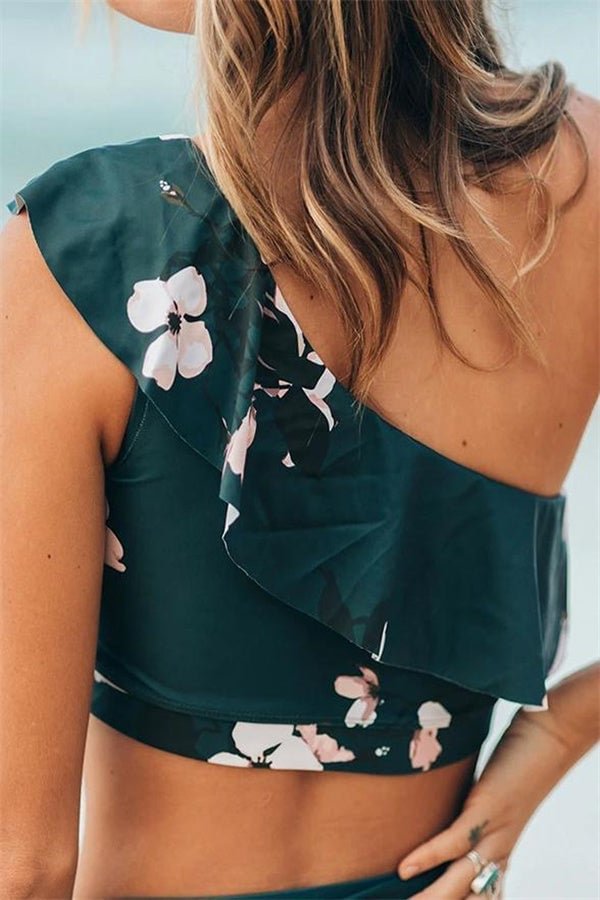 One Shoulder Green Wave Crop Orchid Bikini Set