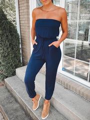 Casual Solid Strapless Pockets Jumpsuit