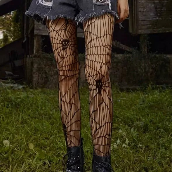 Halloween Skull Spider Fishnet Socks - Black