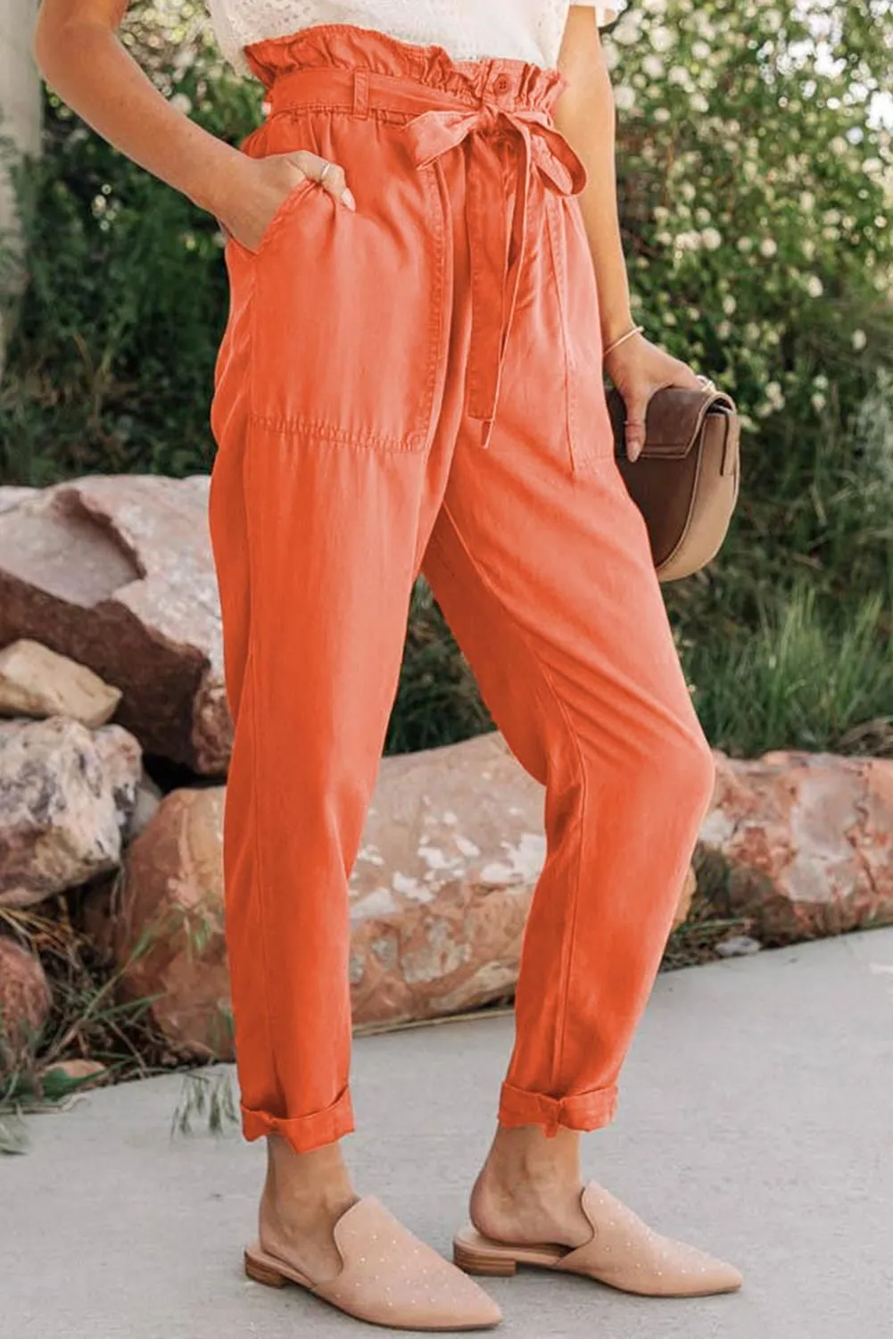 Gray Paper Bag Elastic Waist Casual Pants