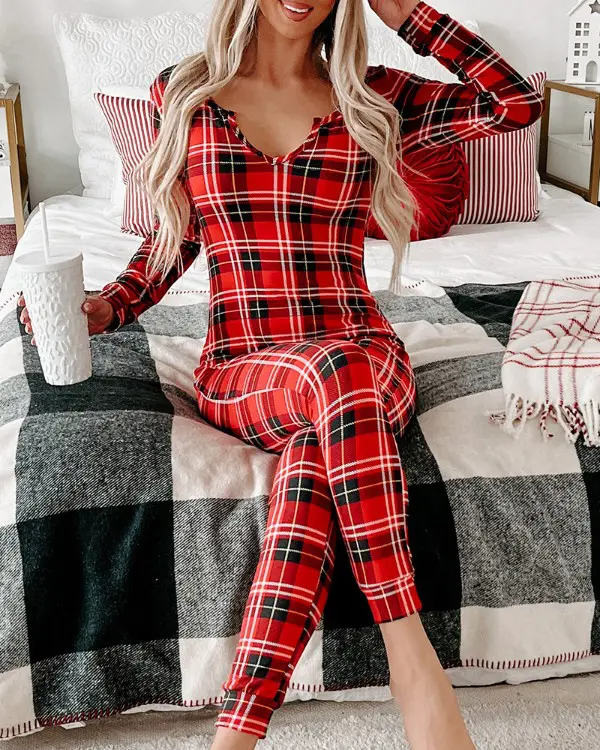 Plaid Print Long Sleeve Pajamas Jumpsuit