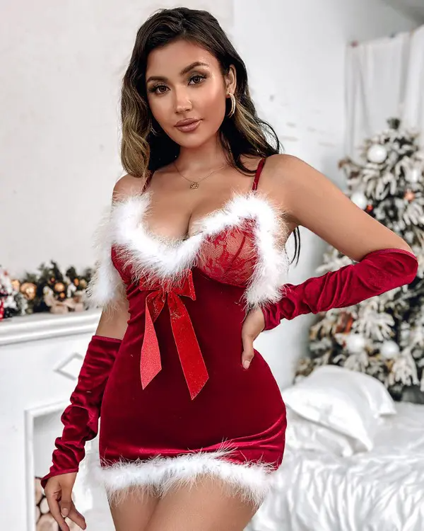 Christmas Fuzzy Trim Crisscross Backless Contrast Lace Babydoll