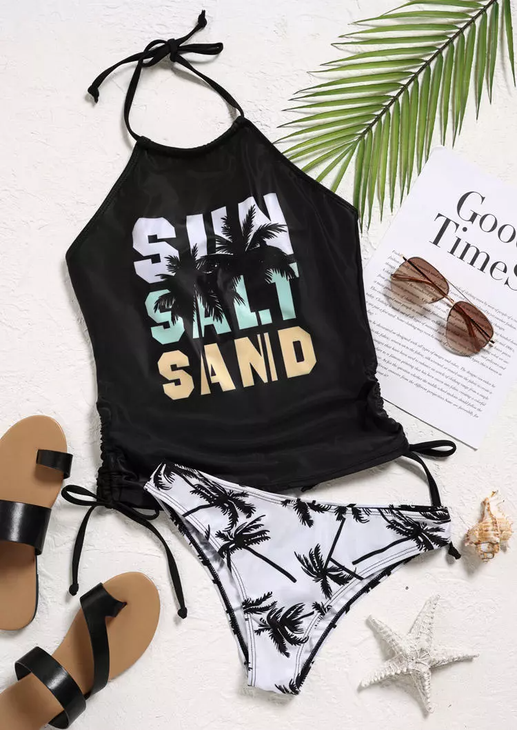 Tankini Sand Color Sun Salt Sand Coconut Tree Halter Tankini Set - Black – Mondaylingerie