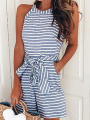 Bow-tie Stripes Print Loose Romper