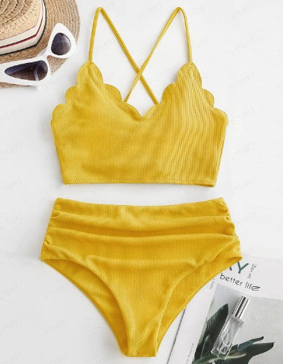 Sexy Plain Fabric Two-Piece High Waist Bikini Set Swimsuit