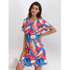 Leaf Print Short-Sleeved Loose-Fitting Home Pajamas Can Be Worn Outside