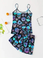 Halloween skull bone flower print suspender top shorts home wear pajamas set