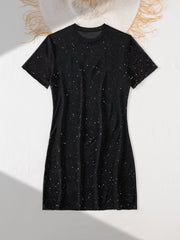 Mesh Short Sleeve Sequined Mesh Round Neck Straight Top