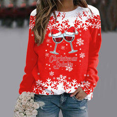 Red Wine Glass Cheers Round Neck Raglan Sleeve Sweater Christmas Print Long Sleeve Top