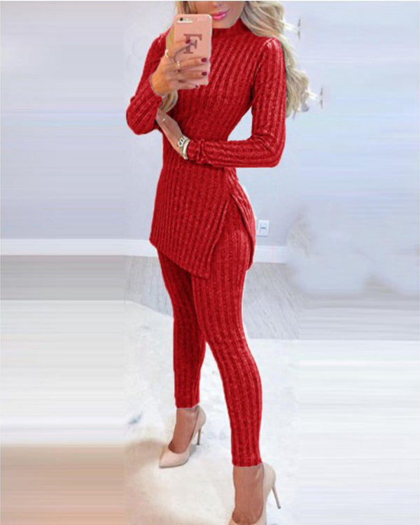 Slit Long Sleeve High Neck Knit Pajamas Set