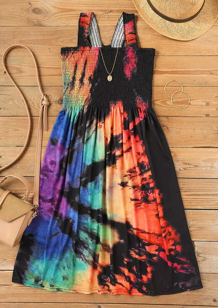 Reverse Tie Dye Rainbow Smocked Spaghetti Strap Mini Dress