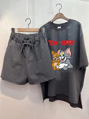 Round Neck Loose Fashion Short Sleeve Shorts Two Piece Suit