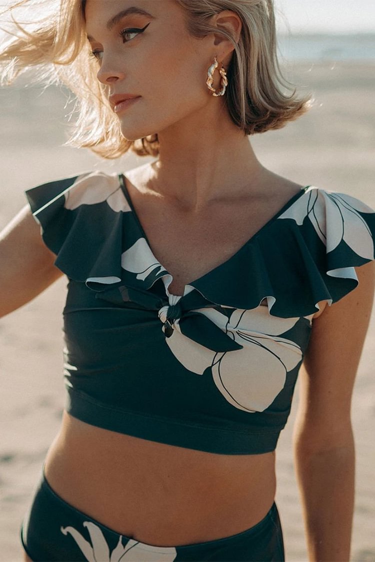 High-Waist Floral V-neck Emerald Bikini Set