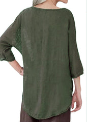Green Casual Round Neck Solid Long Sleeve Blouse