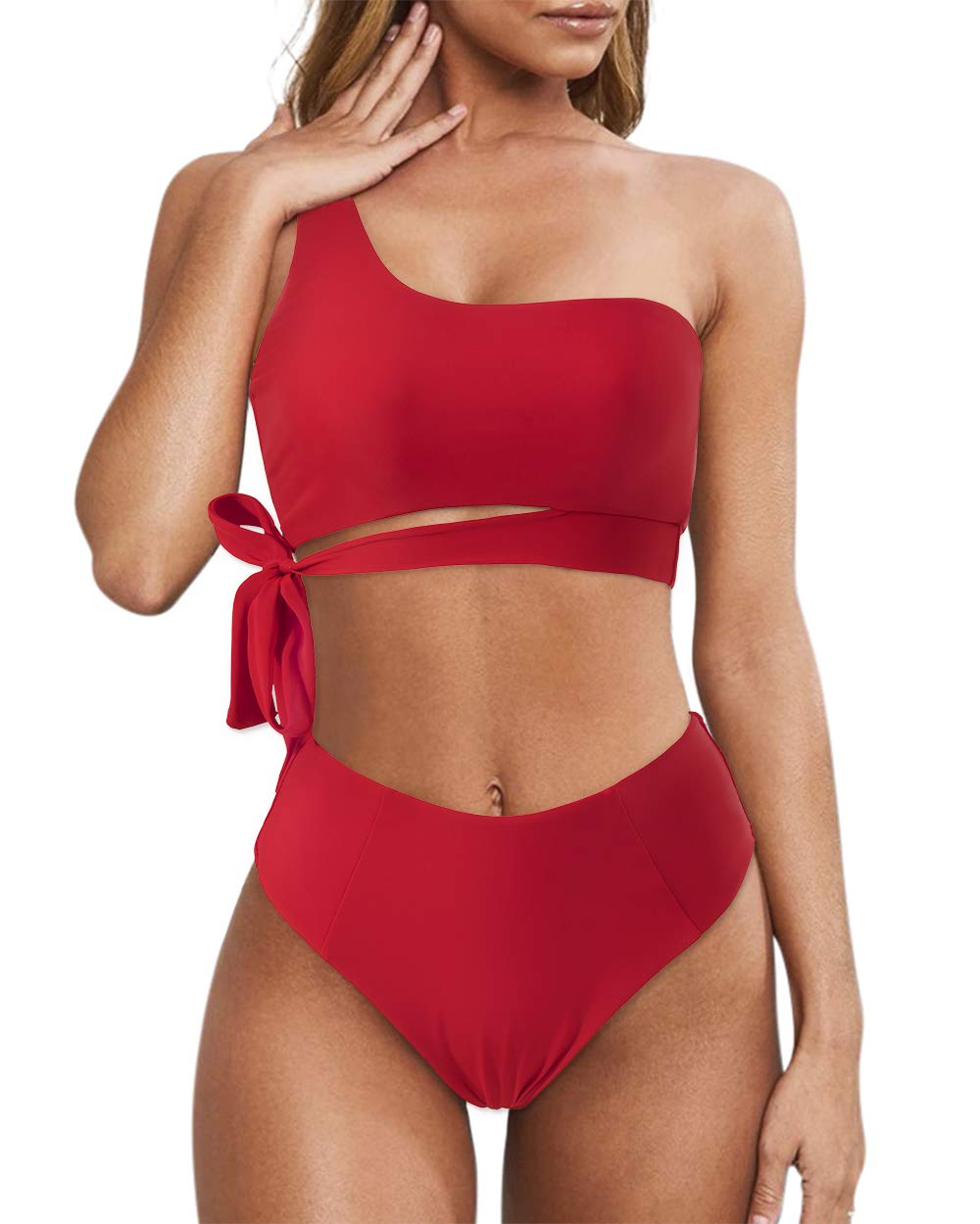 One Shoulder High Waisted Bikini Tie High Cut Two Piece Swimsuits