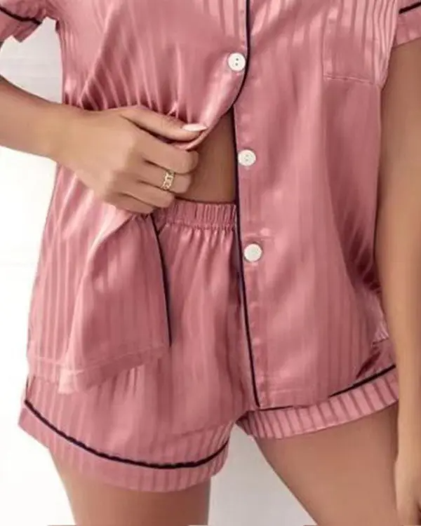 Contrast Binding Buttoned Pajamas Set