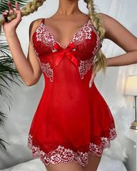 Bow Decor Embroidery Lace Sheer Mesh Babydoll