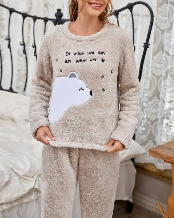 Letter Cartoon Embroidery Fluffy Pajamas Set