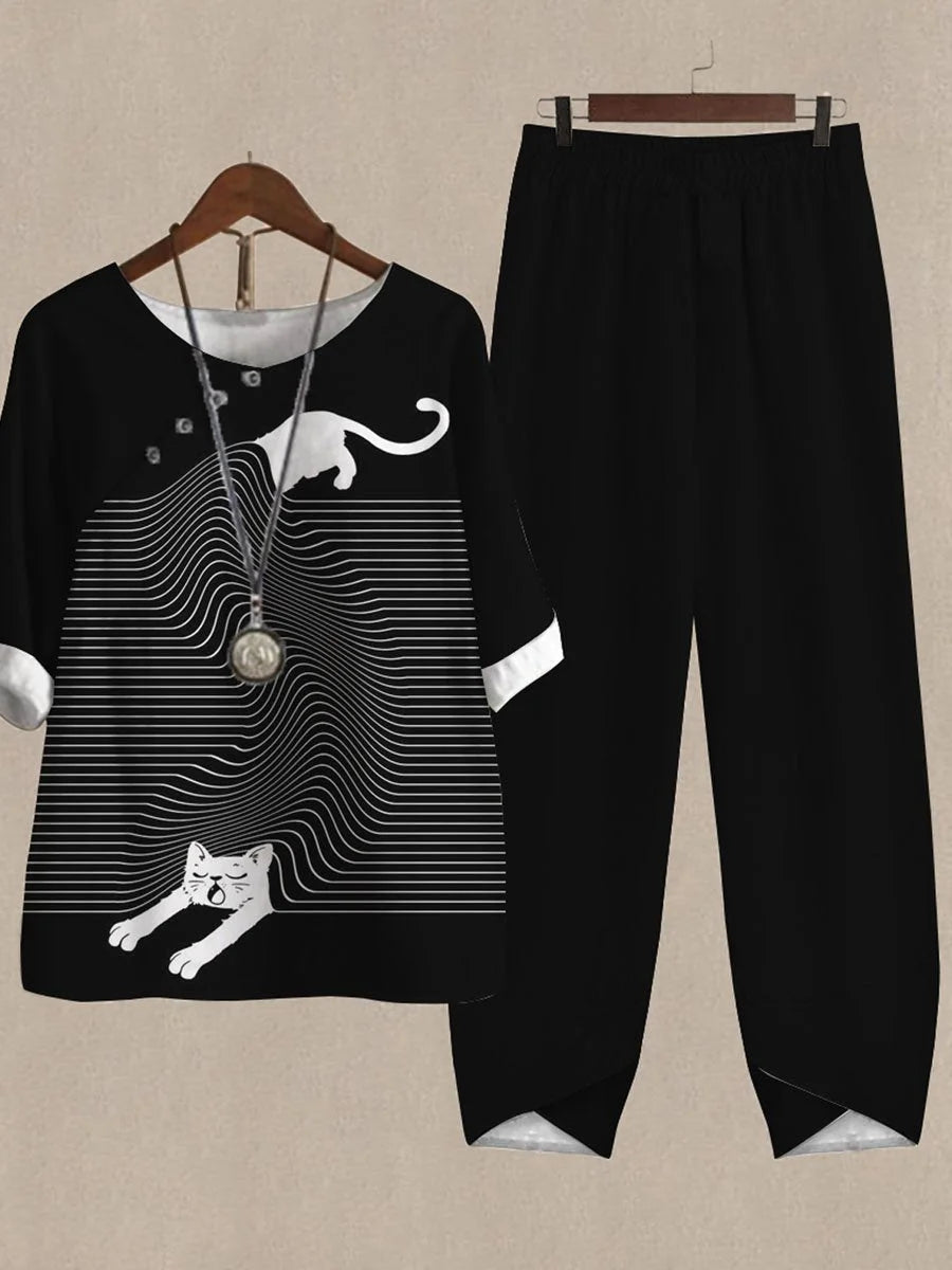 Fun Cat Print Casual Two Piece Set