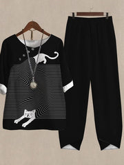 Fun Cat Print Casual Two Piece Set